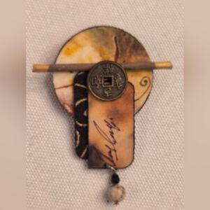 Suzanne Bellows Handpaintrd Silk Lantern Pin/Pendant Browns w/ Chinese Coin